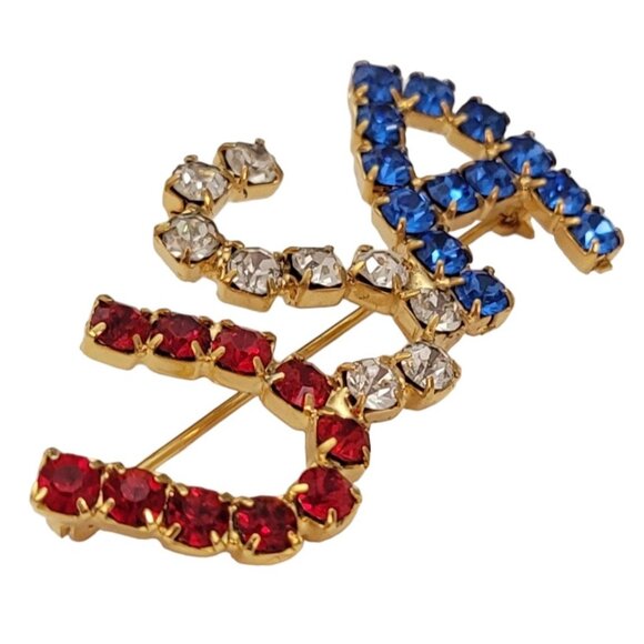 Red Clear Prong Set Rhinestone Patriotic USA Brooch Pin E779 - Picture 4 of 8